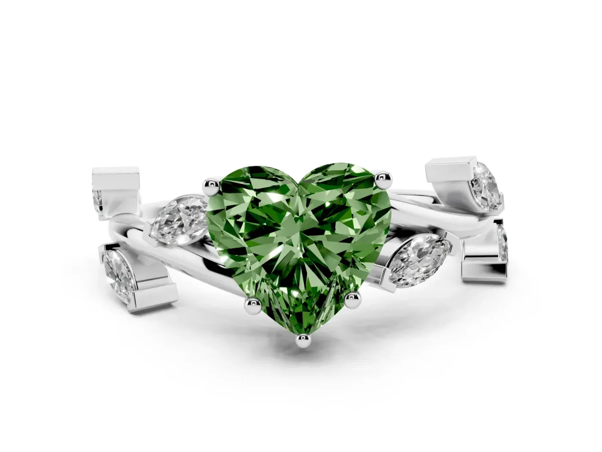 Fancy Green Heart Cut Solitaire Twisted Band Marquise Accent Prong Setting Ring Silver