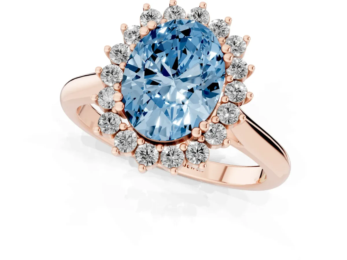 Fancy Blue Oval Cut Cut Diamond Halo Ring with Solitaire Band and Prong Setting Rose gold