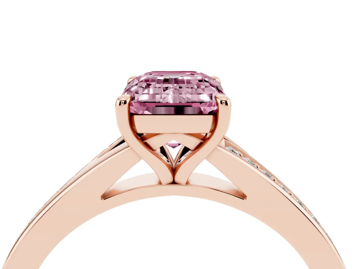 Fancy Pink Emerald Cut Diamond Solitaire Ring with Pavé Band and Prong Setting Rose gold