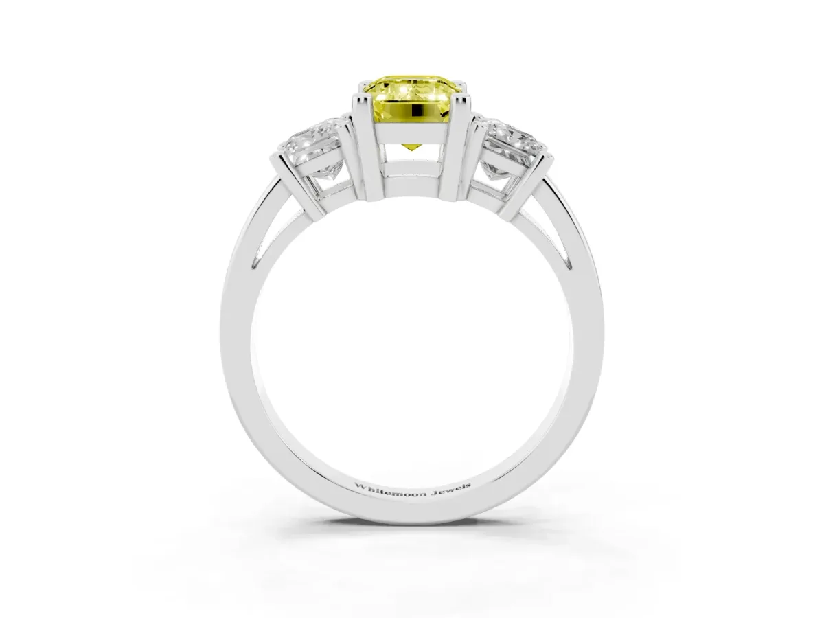 Fancy Yellow Three-Stone Emerald Cut Cut Solitaire Ring with Prong Setting Platinum