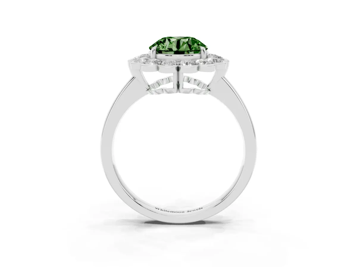 Fancy Green Round Cut Halo Cluster Diamond Engagement Ring with Solitaire Band and Prong Setting Platinum