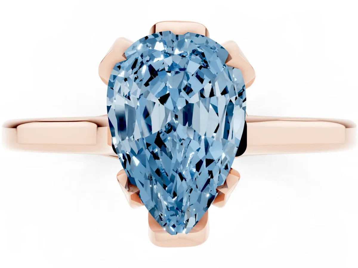 Fancy Blue Pear Cut Diamond Solitaire Ring with Flower Prong Setting and Classic Band Rose gold