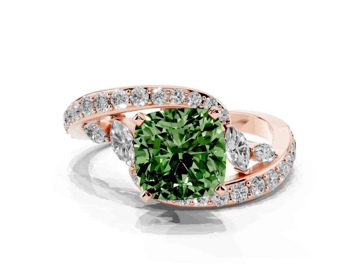 Fancy Green Cushion Cut Solitaire with Pavé Twist Band and Four-Prong Setting Rose gold