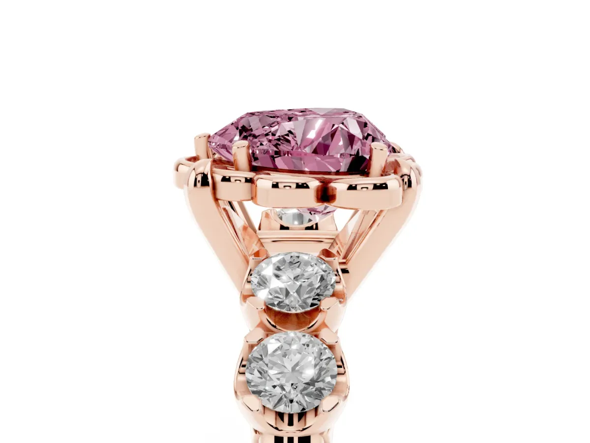 Fancy Pink Heart Cut Cut Diamond Floral Halo Engagement Ring with Shared Prong Setting Rose gold