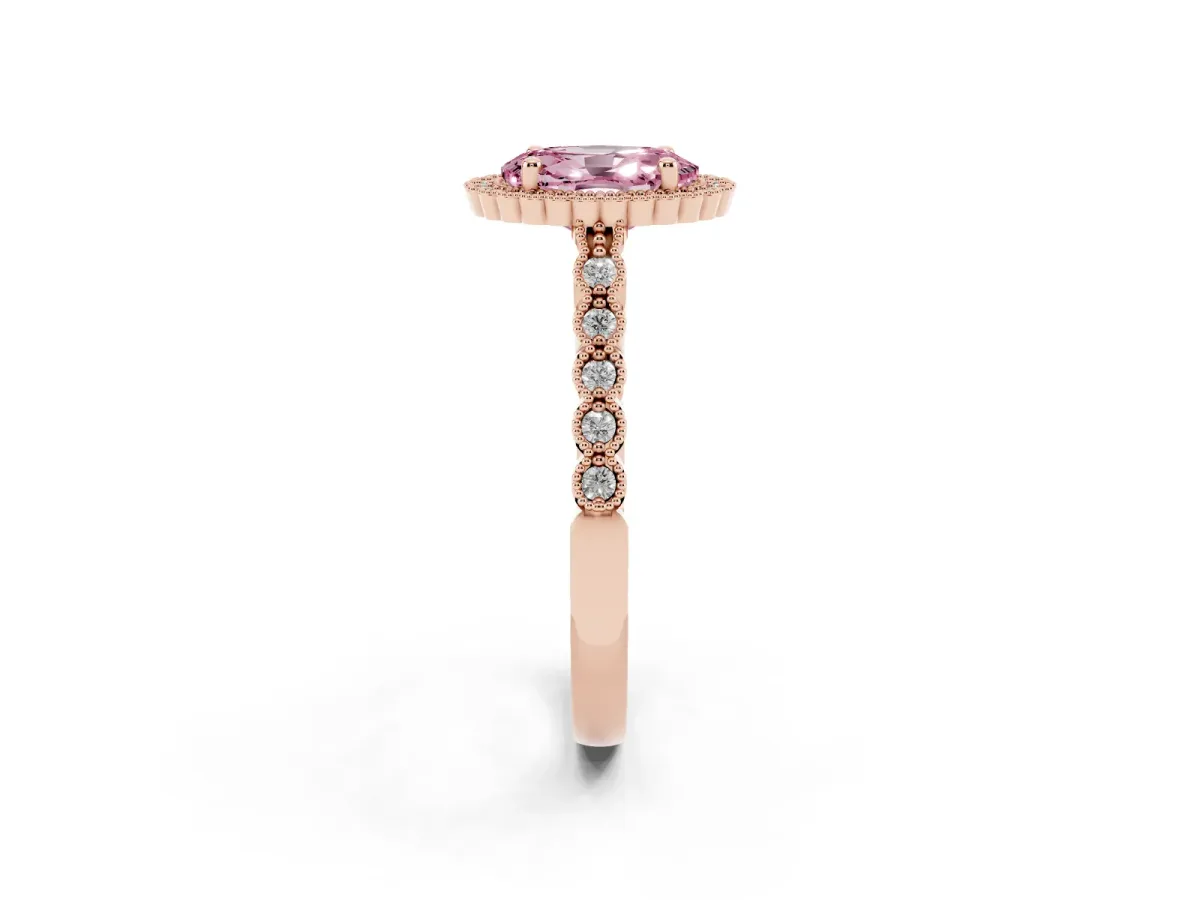 Fancy Pink Oval Cut Cut Halo Pavé Solitaire Ring with Milgrain Band Rose gold