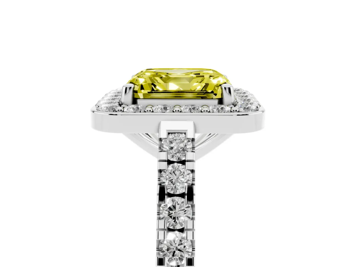 Fancy Yellow Asscher Cut Diamond Halo Ring with Round Pavé Split Shank and Prong Setting Silver