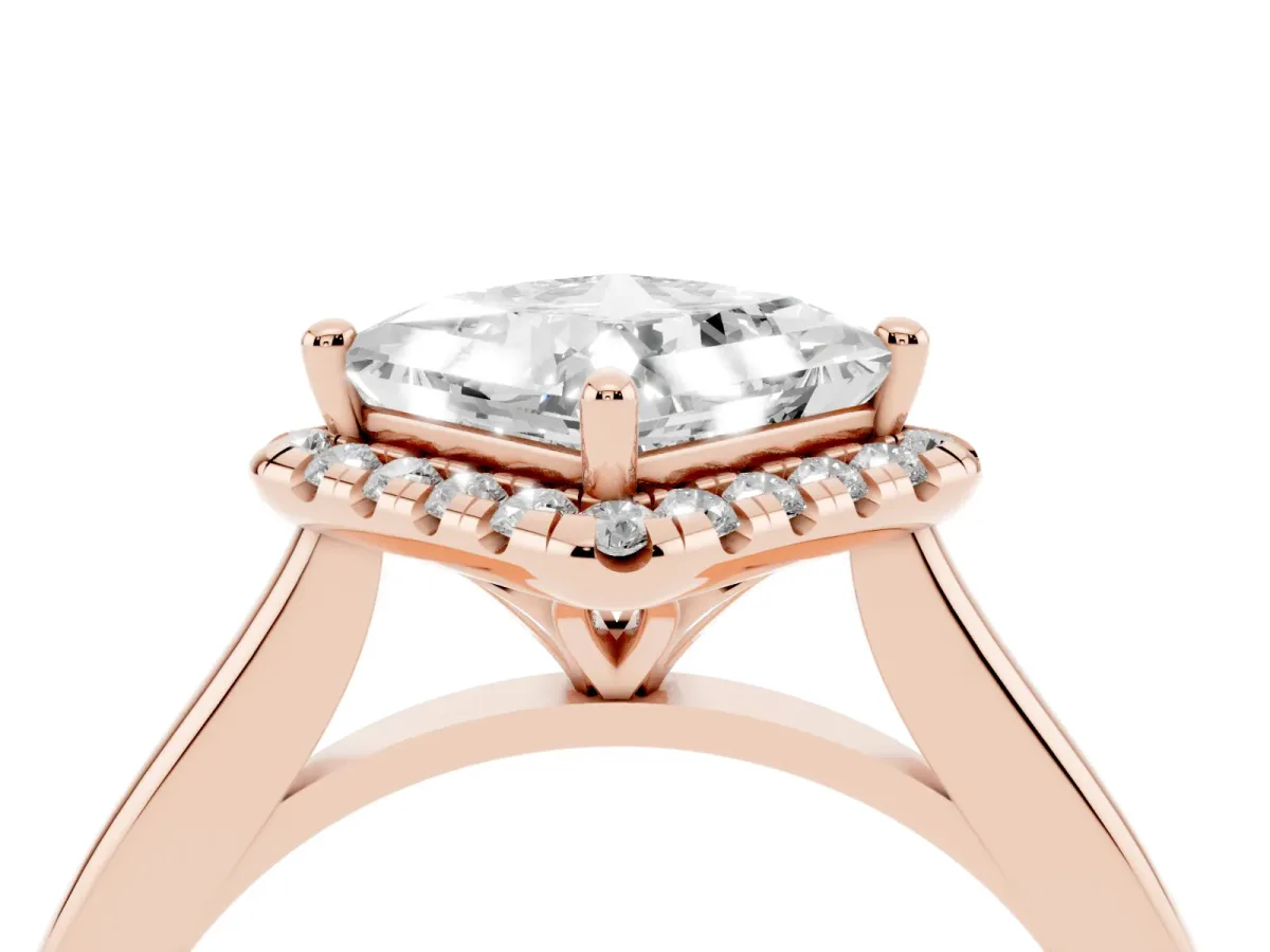 Princess Cut Halo Round Diamond Solitaire Engagement Ring with Pave Band and Four-Prong Setting Rose gold