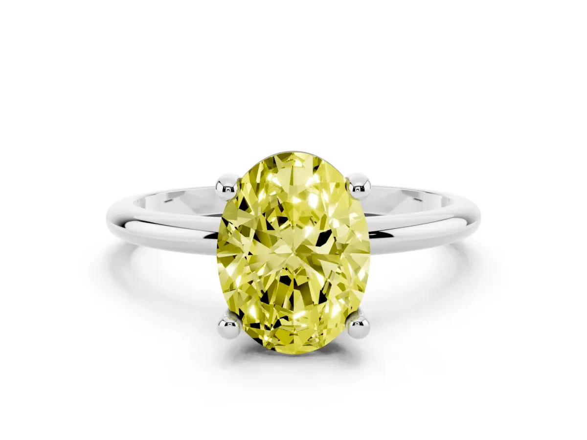 Fancy Yellow Oval Cut Solitaire Diamond Ring with 4-Prong Setting on a Classic Band Platinum