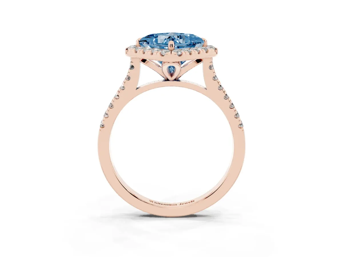 Fancy Blue Princess Cut Diamond Cushion Halo Ring with Pavé Band Rose gold