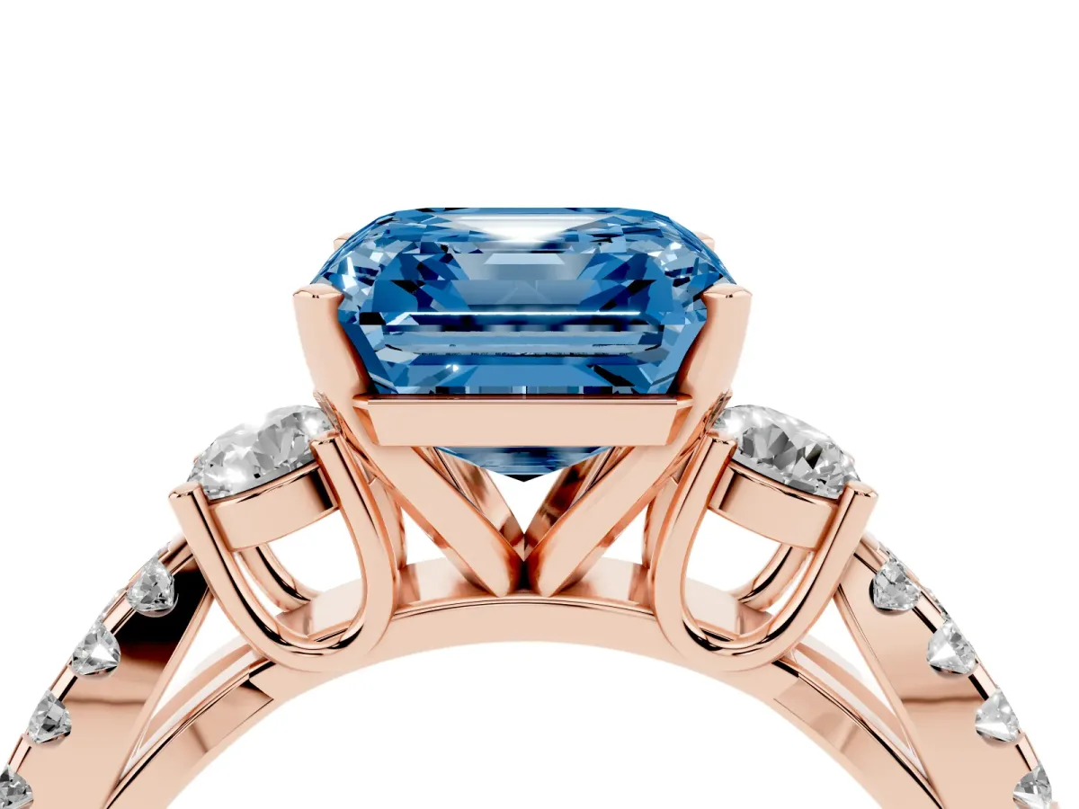 Fancy Blue Asscher Cut Diamond Three-Stone Ring with Pavé Split Shank and Four-Prong Setting Rose gold