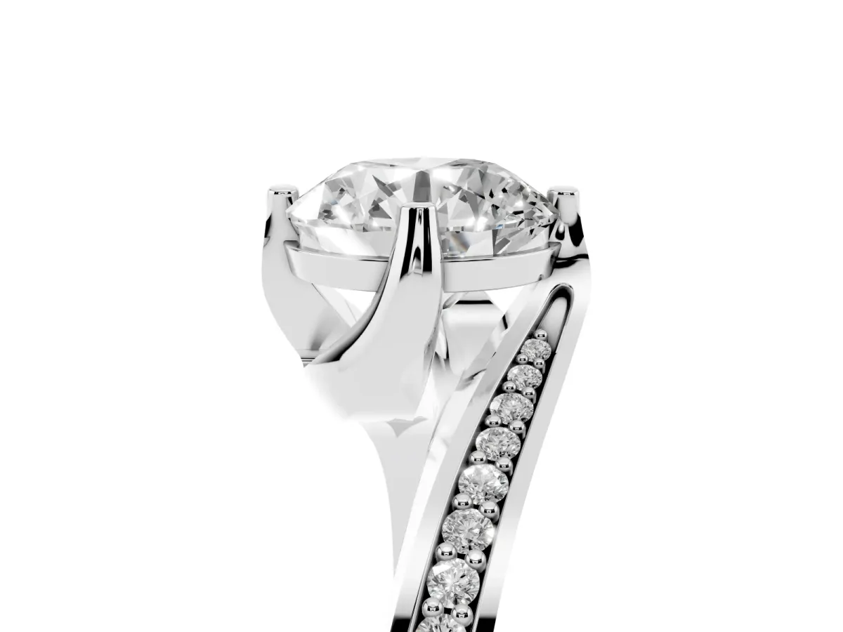 Round Cut Solitaire Diamond Twist Band with Pavé Setting and Four-Prong Setting Silver