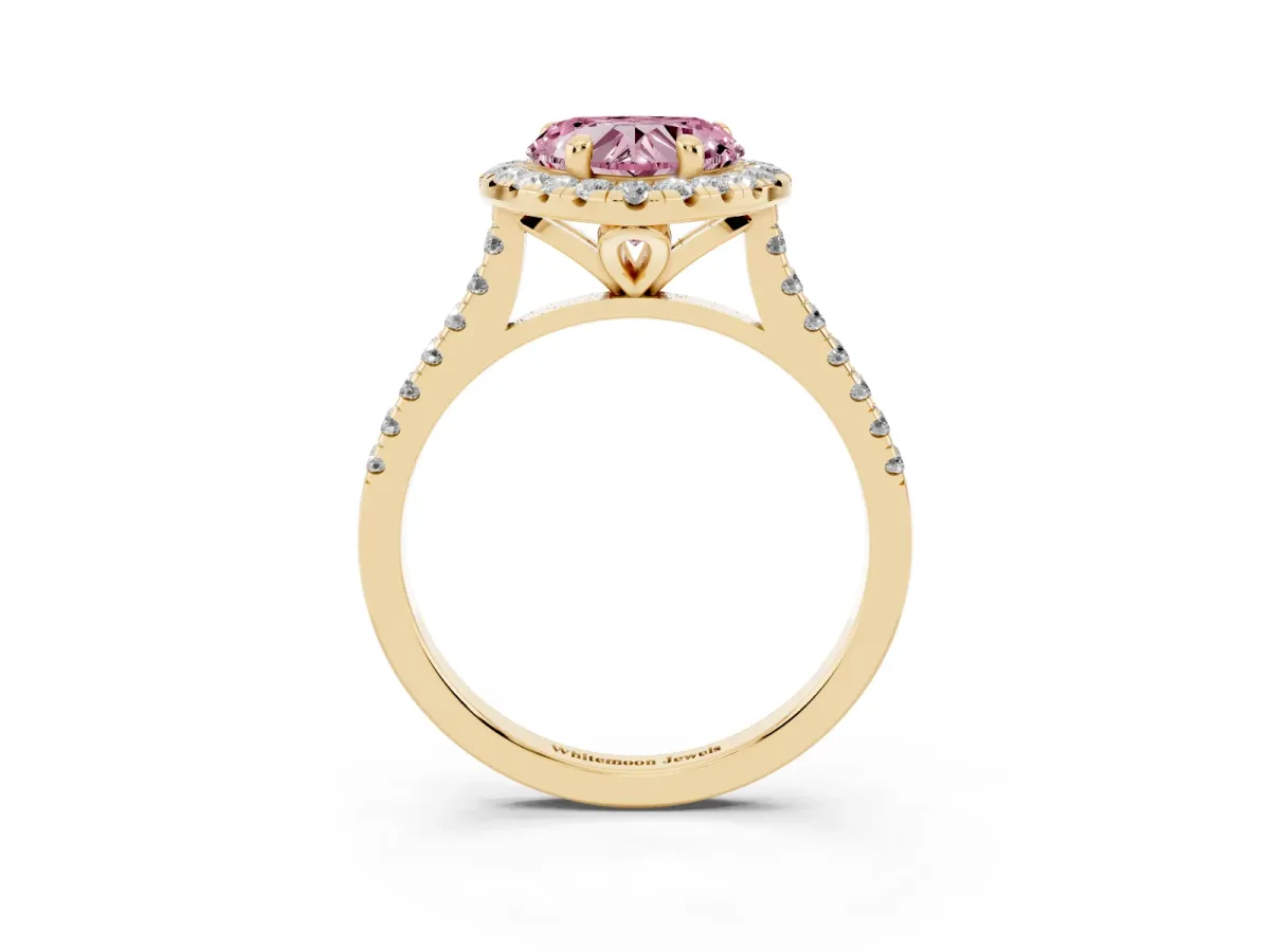 Fancy Pink Heart Cut Diamond Cushion Halo Ring with Pavé Band Yellow gold