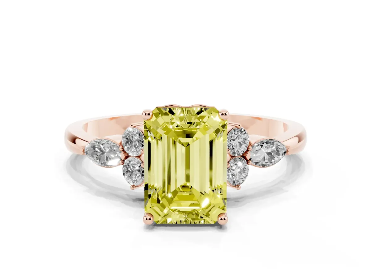 Fancy Yellow Emerald Cut Brilliant Diamond Solitaire Ring with Pear Side Stones and Four-Prong Setting Rose gold