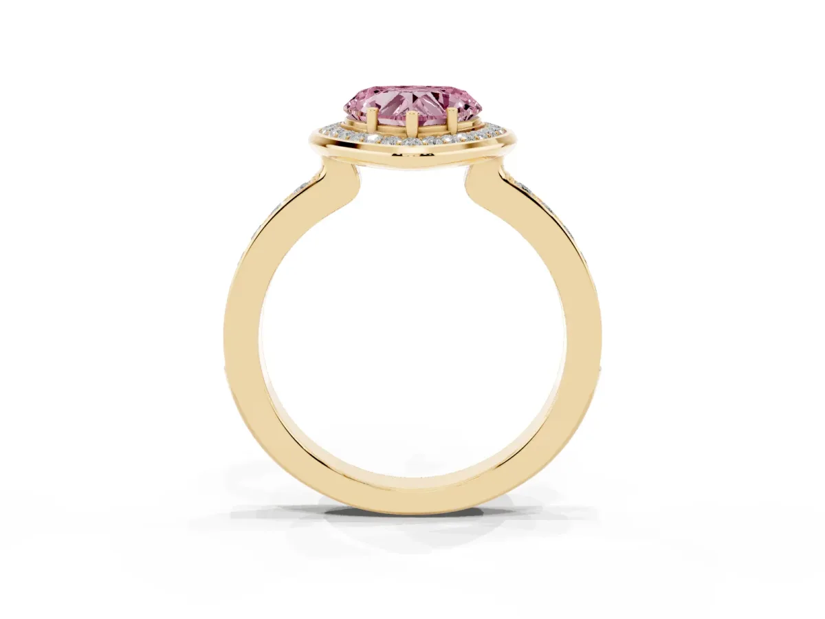 Fancy Pink Heart Cut Diamond Halo Ring with Bezel Frame and Pavé Band Yellow gold