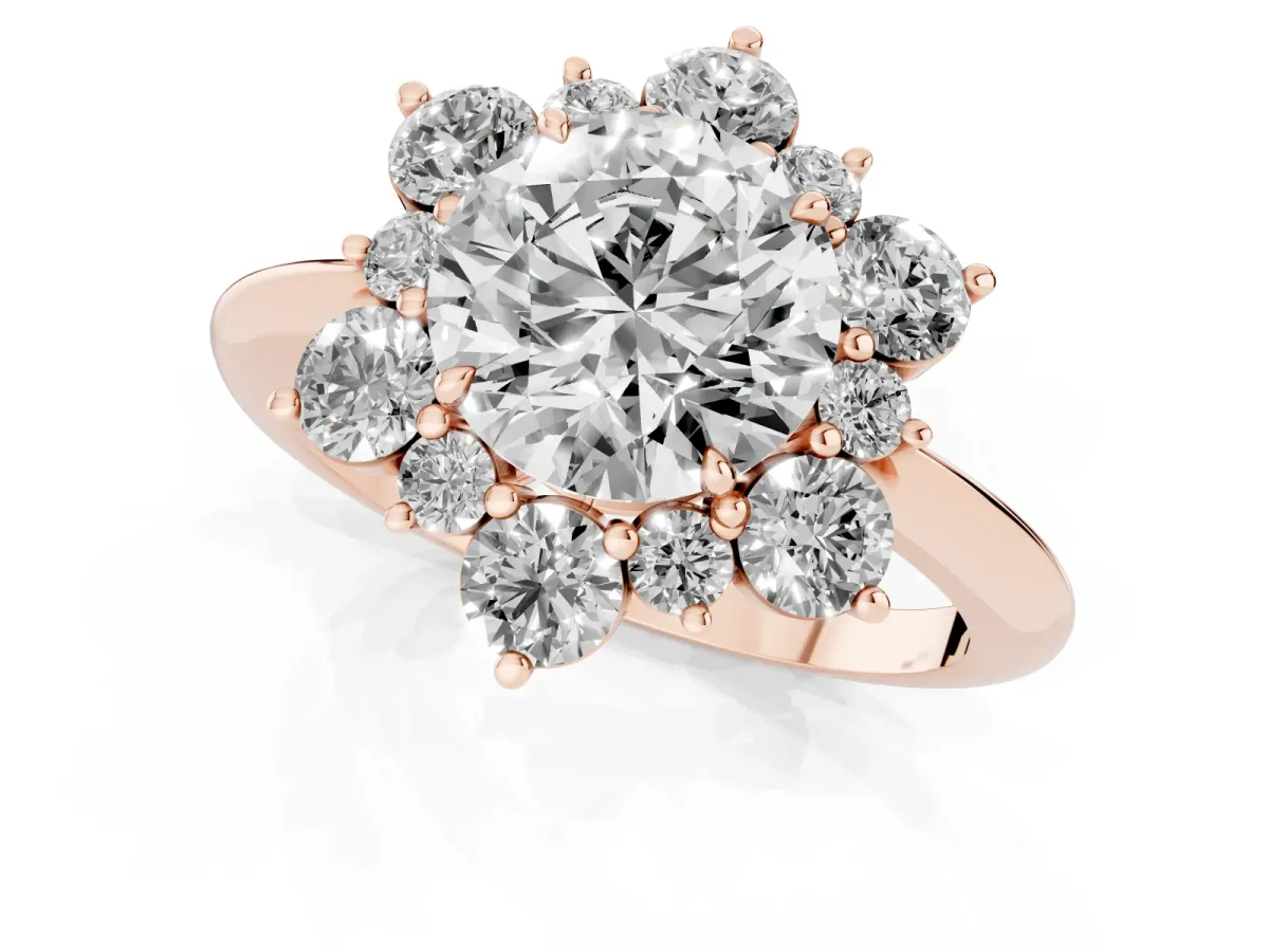 Round Cut Diamond Cluster Halo Ring with Solitaire Band and Four-Prong Setting Rose gold