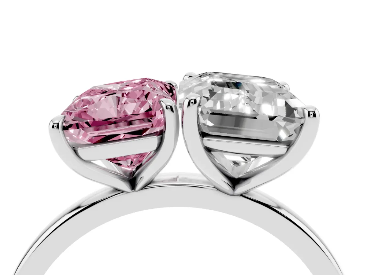 Fancy Pink Radiant Cut and Emerald Cut Toi Moi Ring with Prong Setting Silver