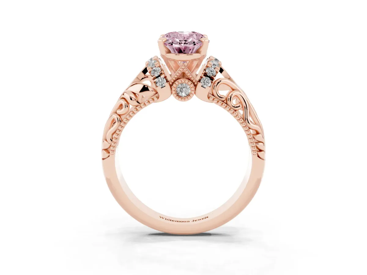 Fancy Pink Oval Cut Solitaire Filigree Engagement Ring with Halo and Prong Setting Rose gold