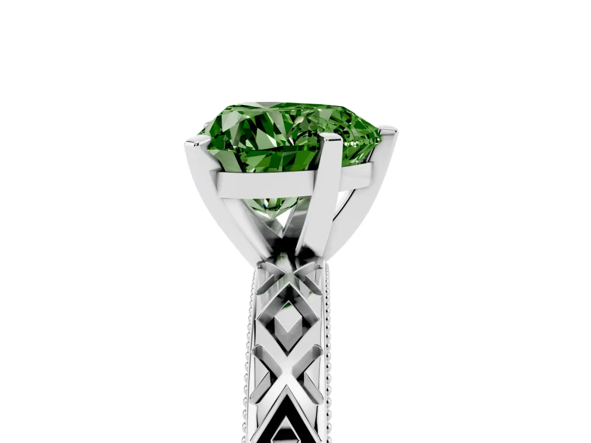 Fancy Green Heart Cut Solitaire Diamond Ring with Milgrain and Black Enamel X Pattern Band Silver