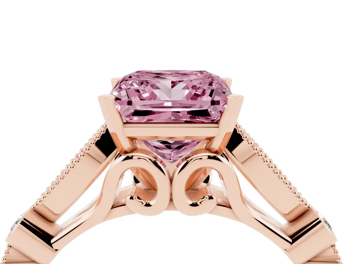 Fancy Pink Princess Cut Cut Diamond with Milgrain Marquise and Bezel Accents on a Solitaire Band with Prong Setting Rose gold