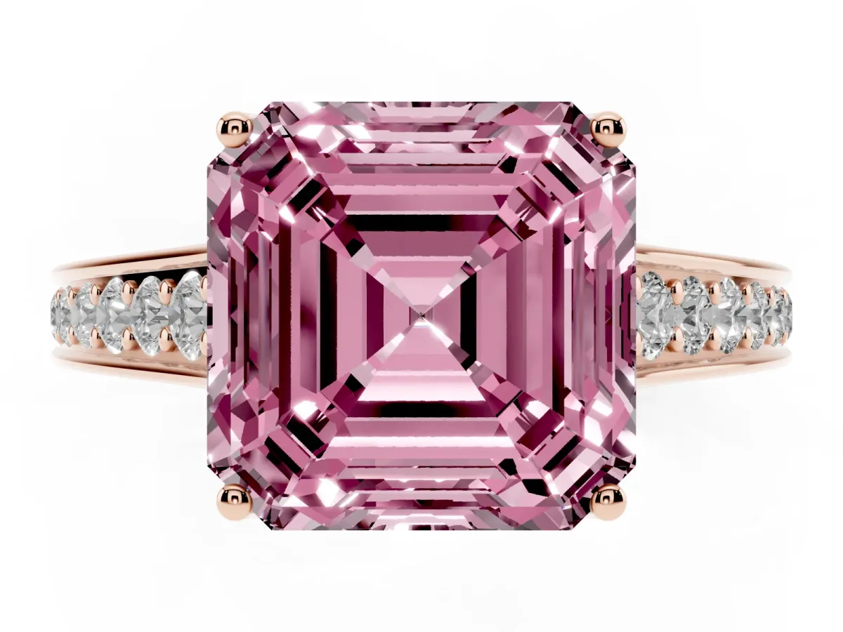 Fancy Pink Asscher Cut Brilliant Cut Diamond Engagement Ring with Pavé Band and Four-Prong Setting Rose gold