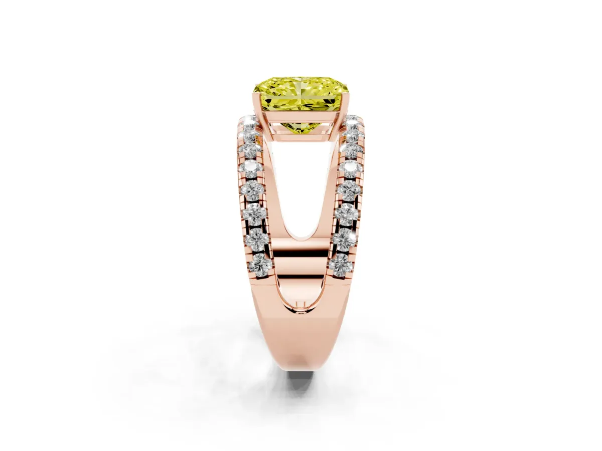 Fancy Yellow Radiant Cut Solitaire Split Shank Pave Diamond Ring Rose gold