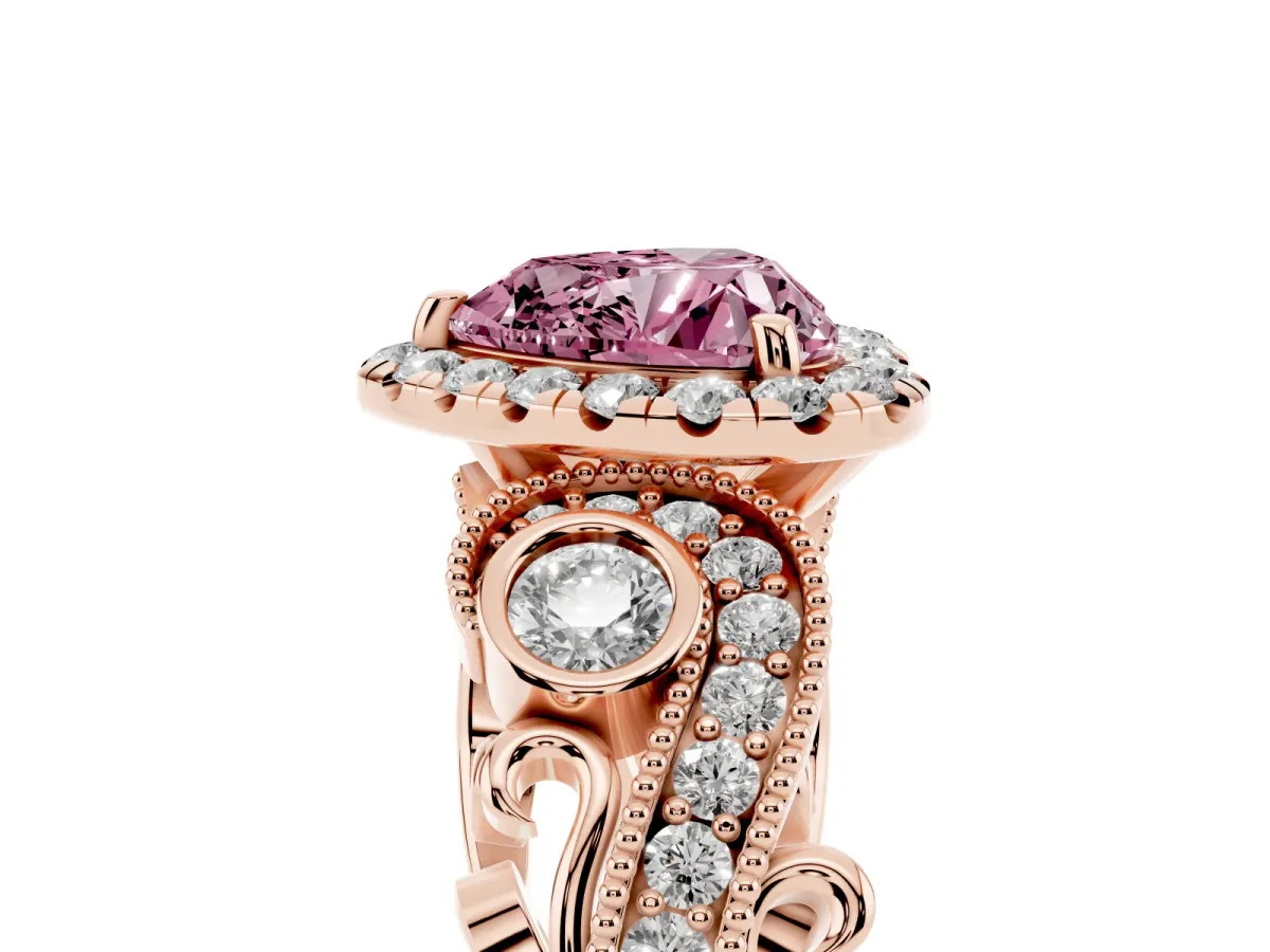 Fancy Pink Heart Cut Diamond Halo Ring with Milgrain Pavé Band and Four-Prong Setting Rose gold