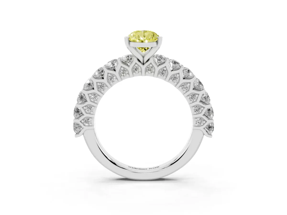 Fancy Yellow Pear Cut Diamond Solitaire Ring with Shared Prong Pavé Band and Four-Prong Setting Silver