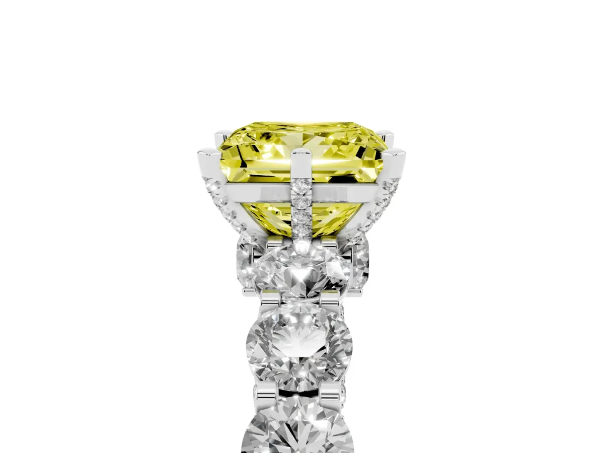 Fancy Yellow Princess Cut Diamond Side Stone Engagement Ring with Four-Prong Setting Platinum