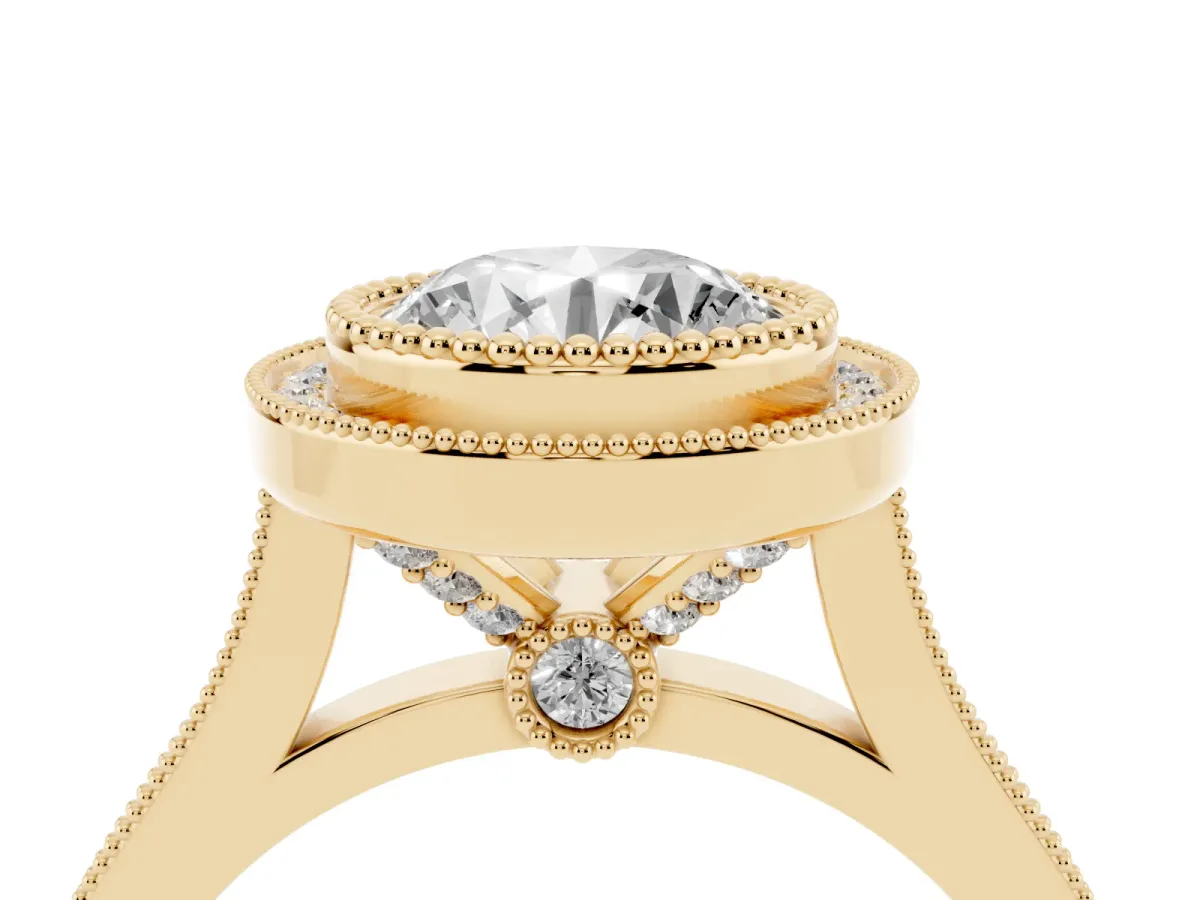 Round Cut Diamond Halo Ring with Milgrain Frame and Pavé Band Yellow gold