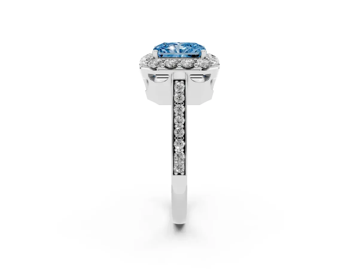 Fancy Blue Radiant Cut Diamond Floral Halo Ring with Pavé Band and Prong Setting White gold