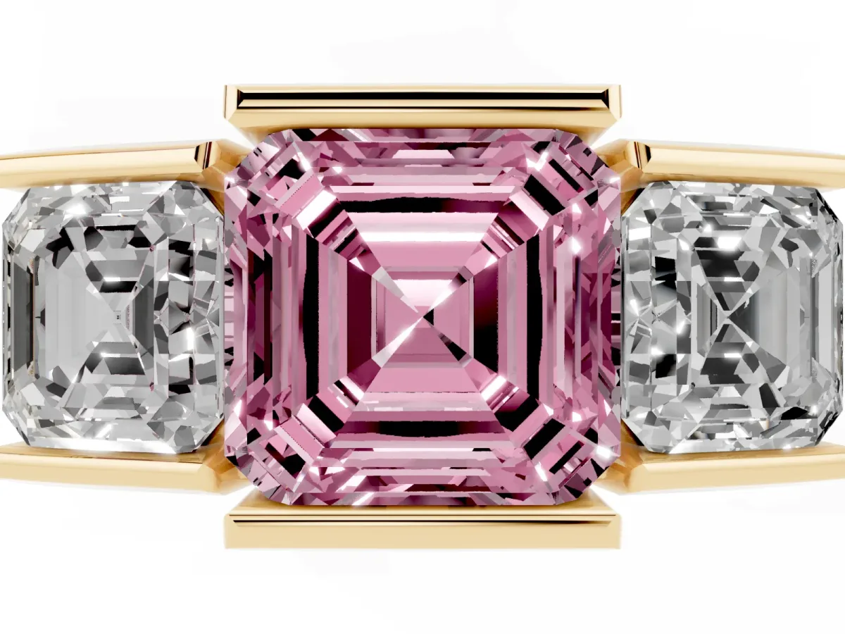 Fancy Pink Three Stone Asscher Cut Cut Channel Set Diamond Ring Yellow gold