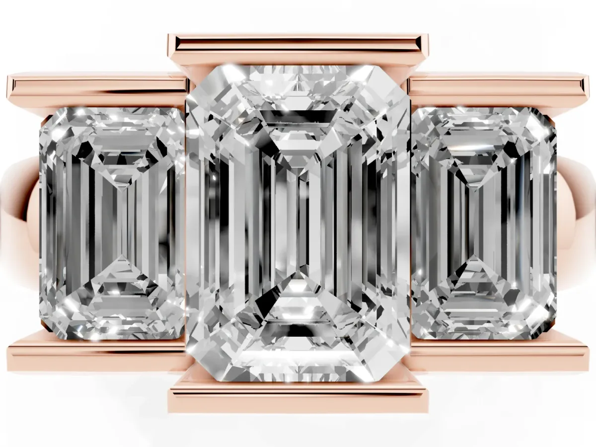 Three Stone Emerald Cut Cut Channel Set Diamond Ring Rose gold