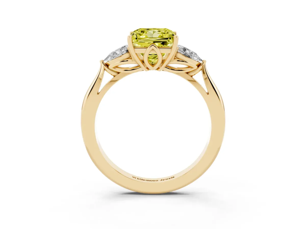 Fancy Yellow Princess Cut Diamond Three-Stone Ring with Pear Side Stones and Prong Setting Yellow gold