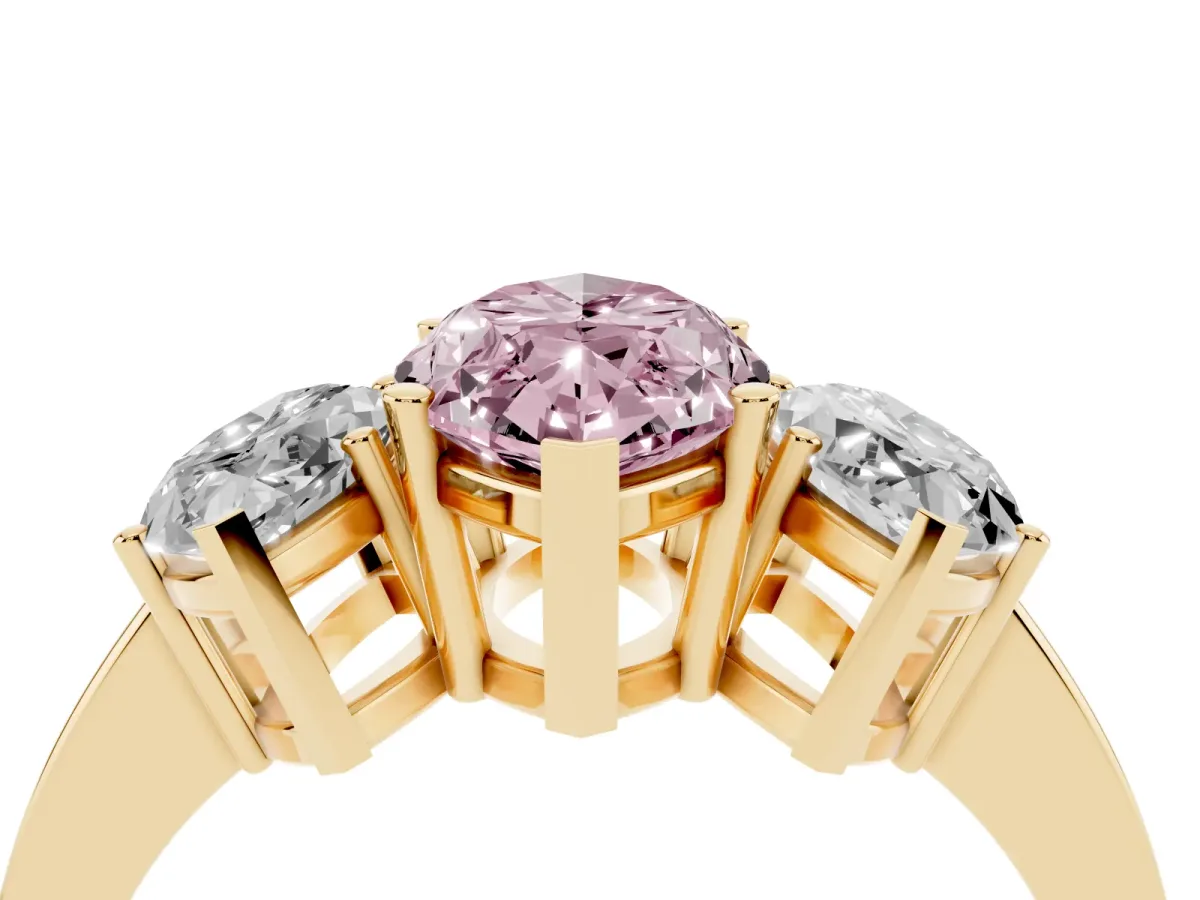 Fancy Pink Three-Stone Marquise Cut Cut Diamond Engagement Ring with Flat Band and Four-Prong Setting Yellow gold