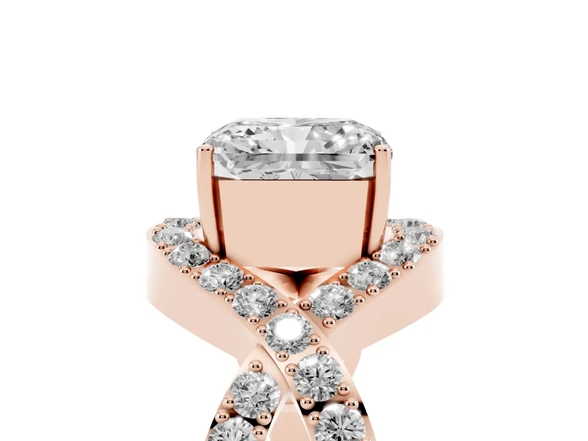 Radiant Cut Solitaire Twist Band Pavé Diamond Engagement Ring Rose gold