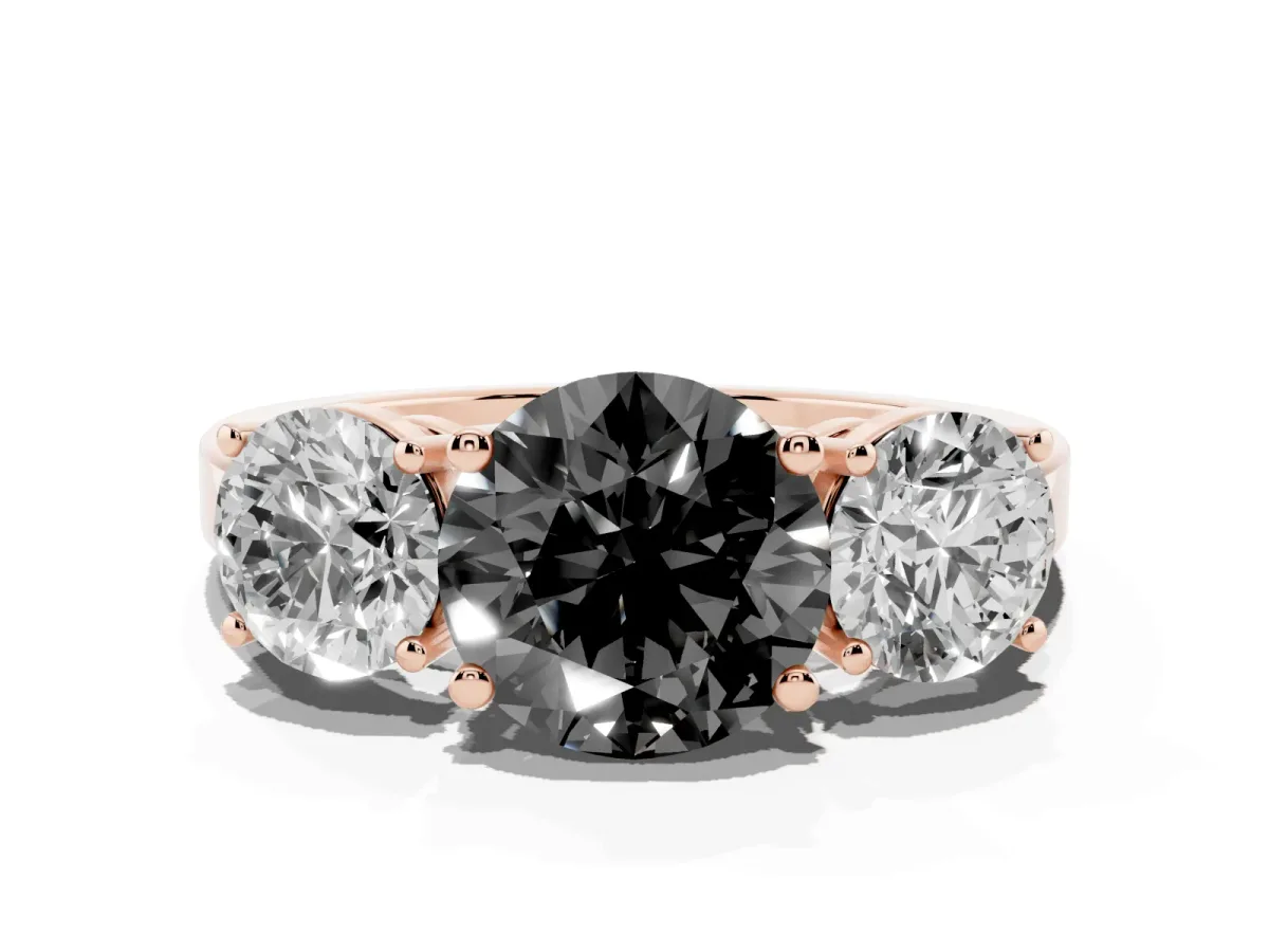 Fancy Black Three-Stone Round Cut Cut Diamond Engagement Ring with Flat Band and Four-Prong Setting Rose gold