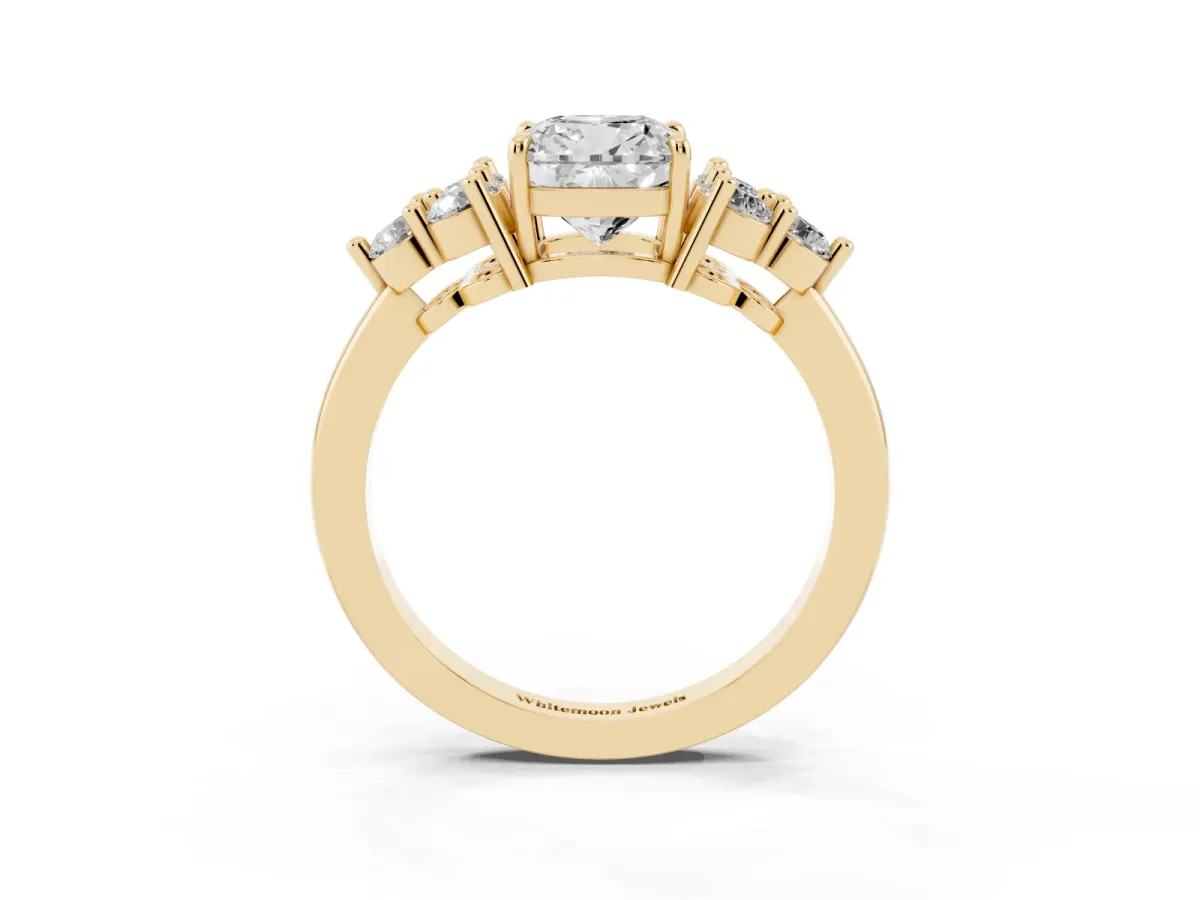 Cushion Cut Brilliant Diamond Cluster Accent Solitaire Ring with Prong Setting Yellow gold