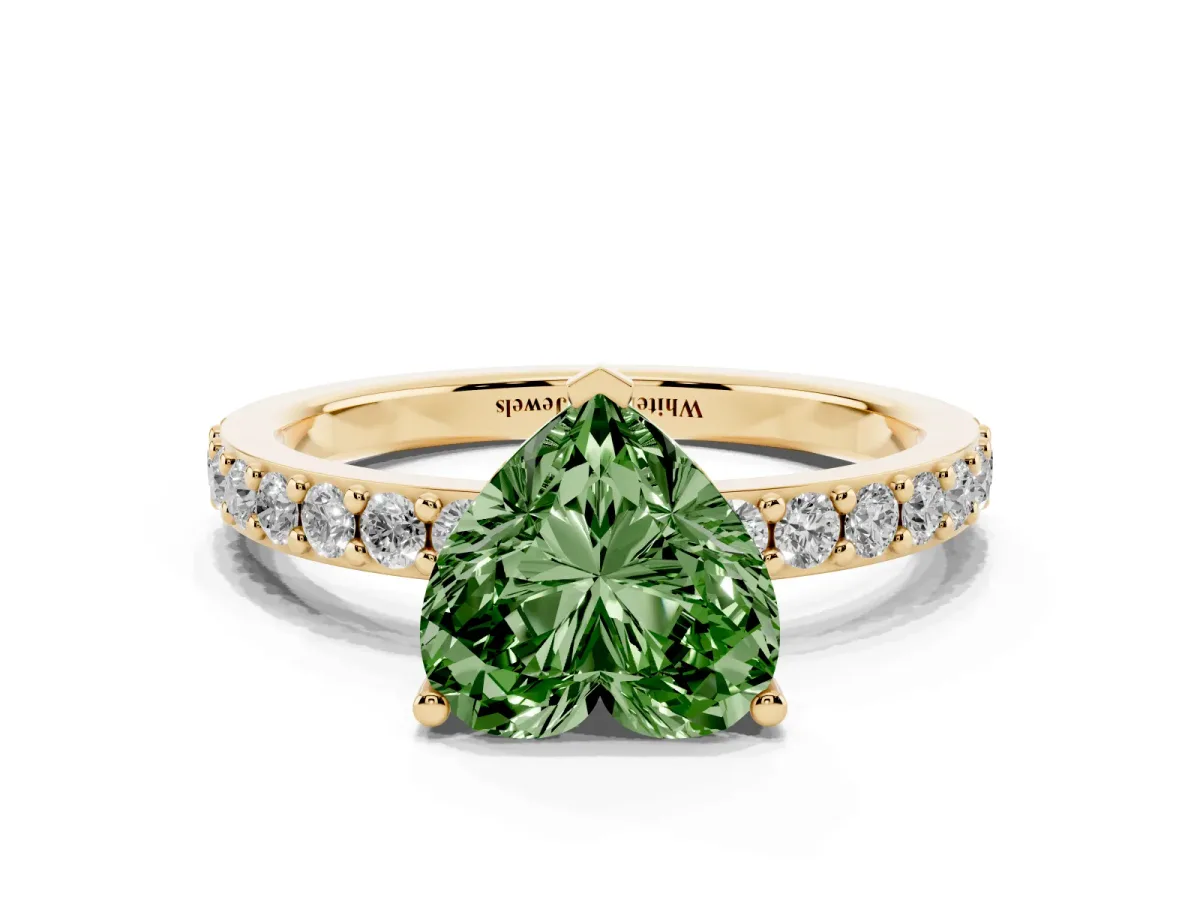 Fancy Green Heart Cut Cut Diamond Solitaire with Pave Band and Four-Prong Setting Yellow gold