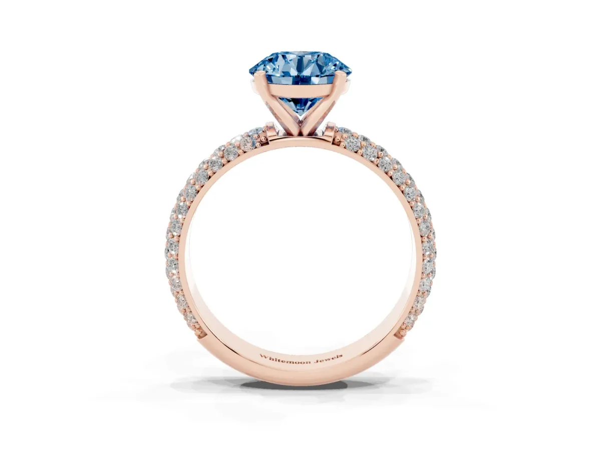 Fancy Blue Round Cut Diamond Solitaire Ring with Prong Setting and Pavé Band Rose gold