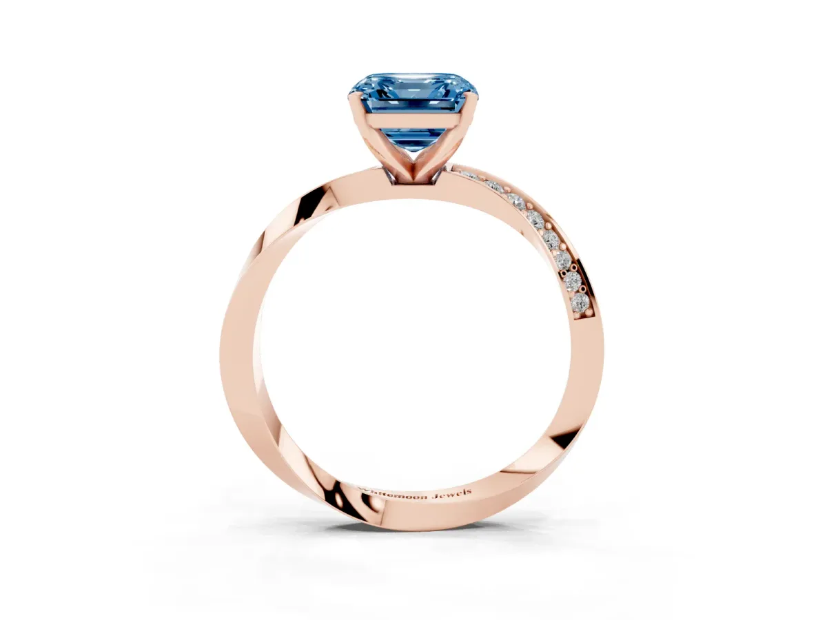 Fancy Blue Asscher Cut Diamond Engagement Ring with Side Stone Accents and Four-Prong Setting Rose gold