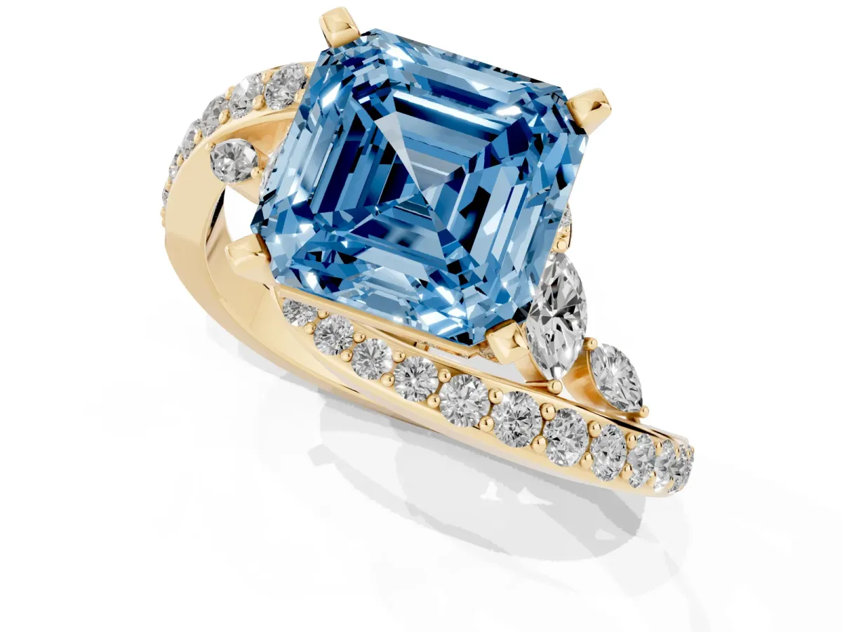 Fancy Blue Asscher Cut Solitaire with Pavé Twist Band and Four-Prong Setting Yellow gold
