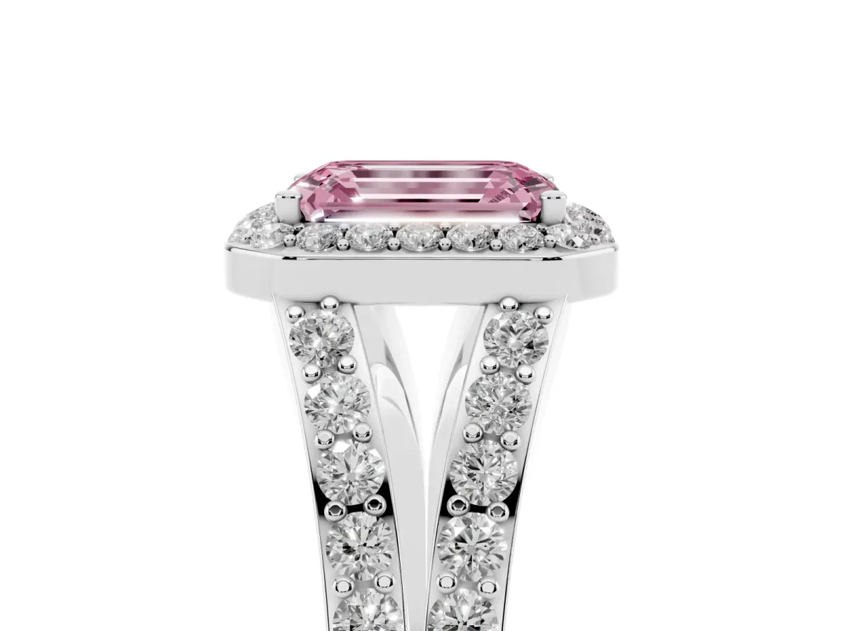 Fancy Pink Emerald Cut Diamond Split Shank Halo Ring with Four-Prong Setting Silver