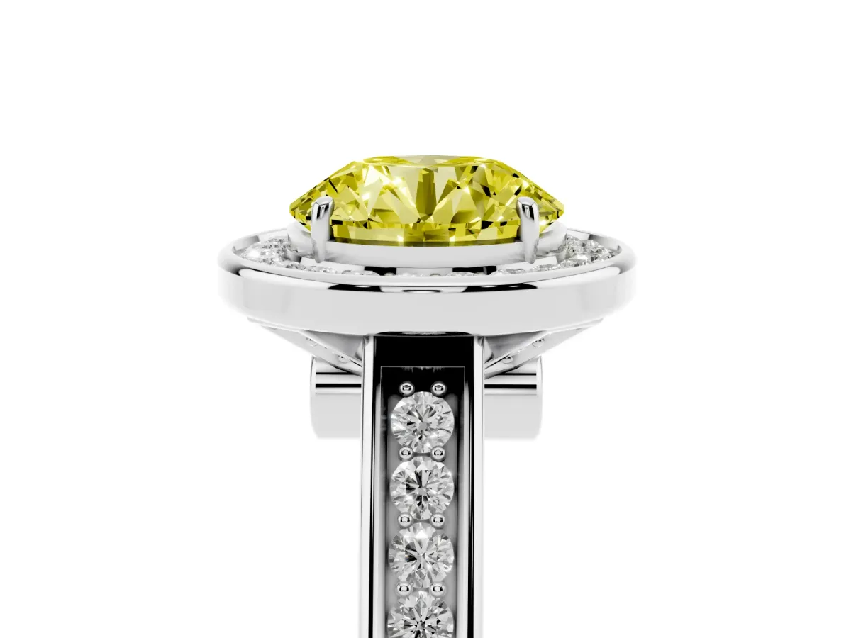 Fancy Yellow Round Cut Halo Solitaire Diamond Ring with Pave Band and Bezel Setting Silver