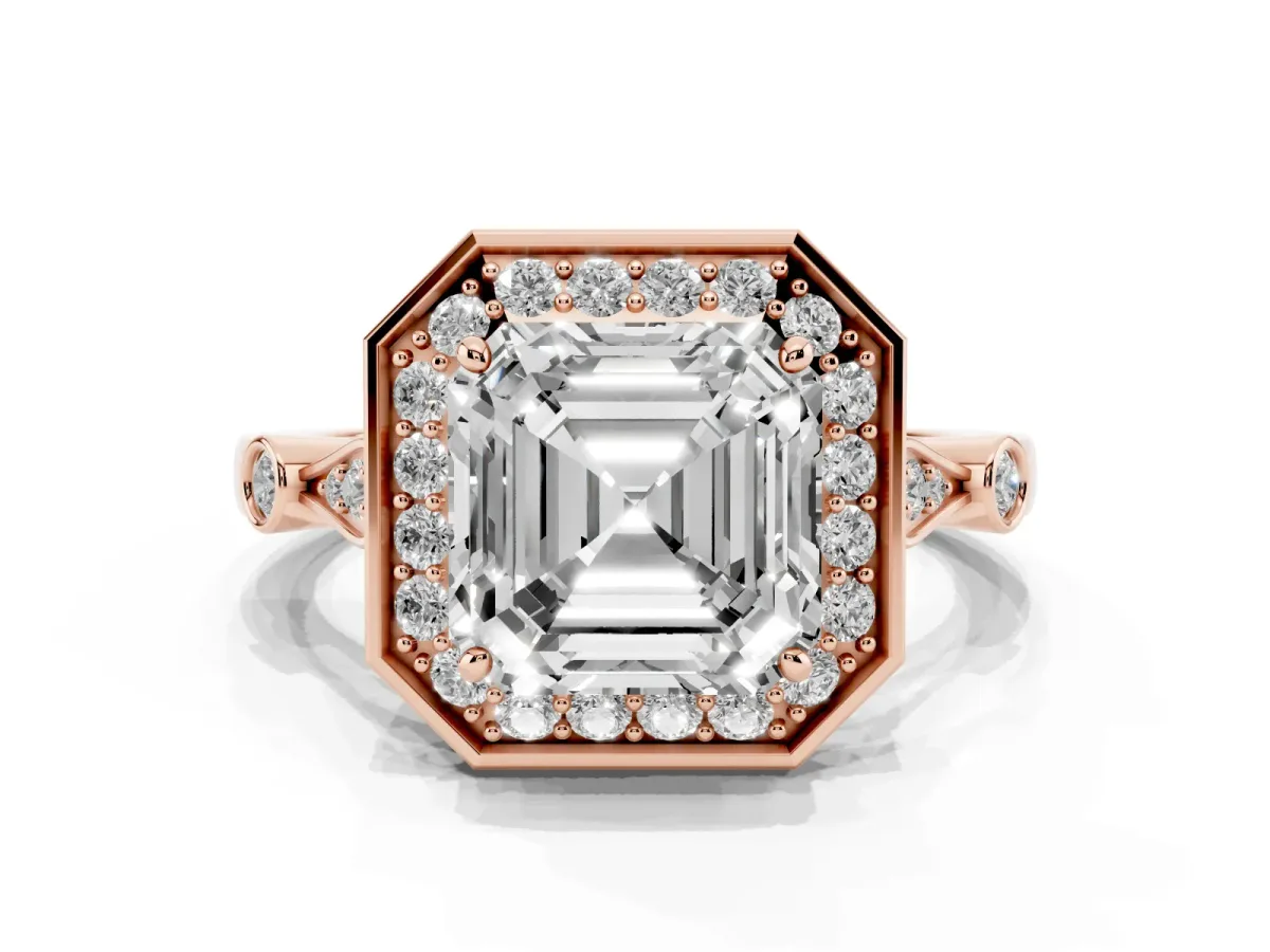 Asscher Cut Halo Diamond Engagement Ring with Twisted Band and Four-Prong Setting Rose gold