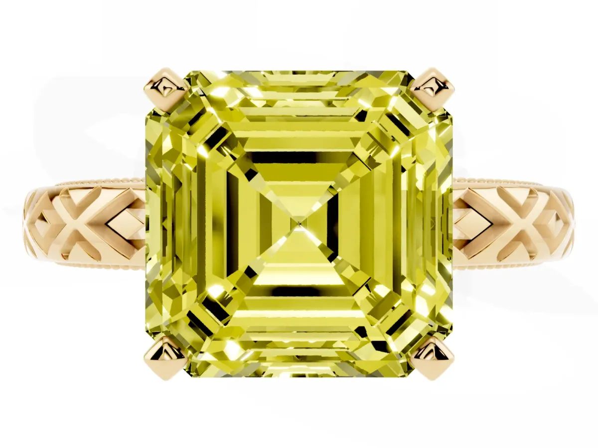 Fancy Yellow Asscher Cut Solitaire Diamond Ring with Milgrain and Black Enamel X Pattern Band Yellow gold