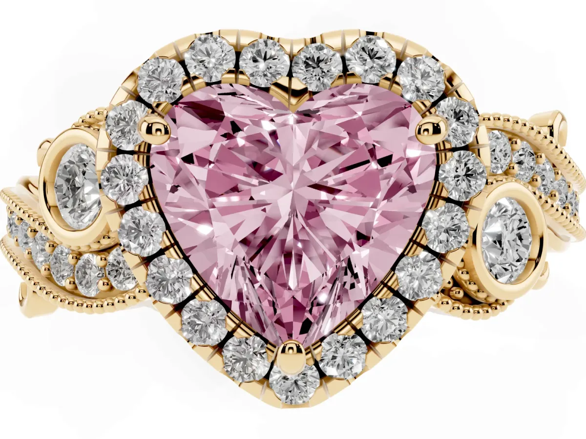 Fancy Pink Heart Cut Diamond Halo Ring with Milgrain Pavé Band and Four-Prong Setting Yellow gold