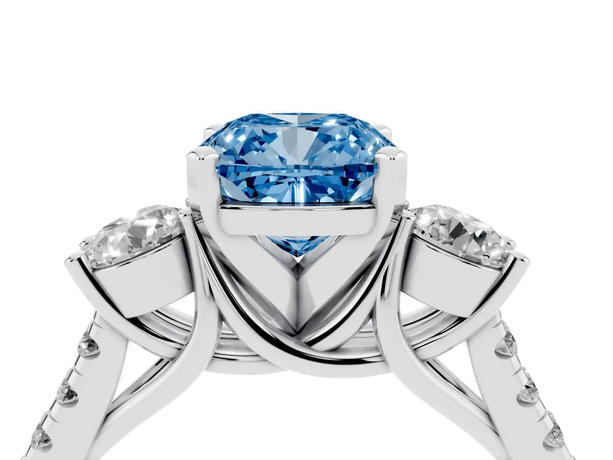 Fancy Blue Three-Stone Cushion Cut Diamond Pavé Band with Four-Prong Setting Silver