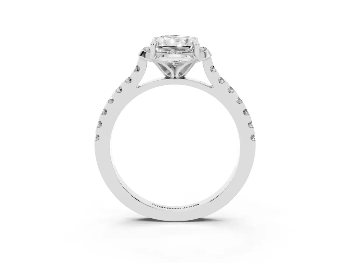Radiant Cut Diamond Ring with Pavé Band and Floral Prong Setting Silver