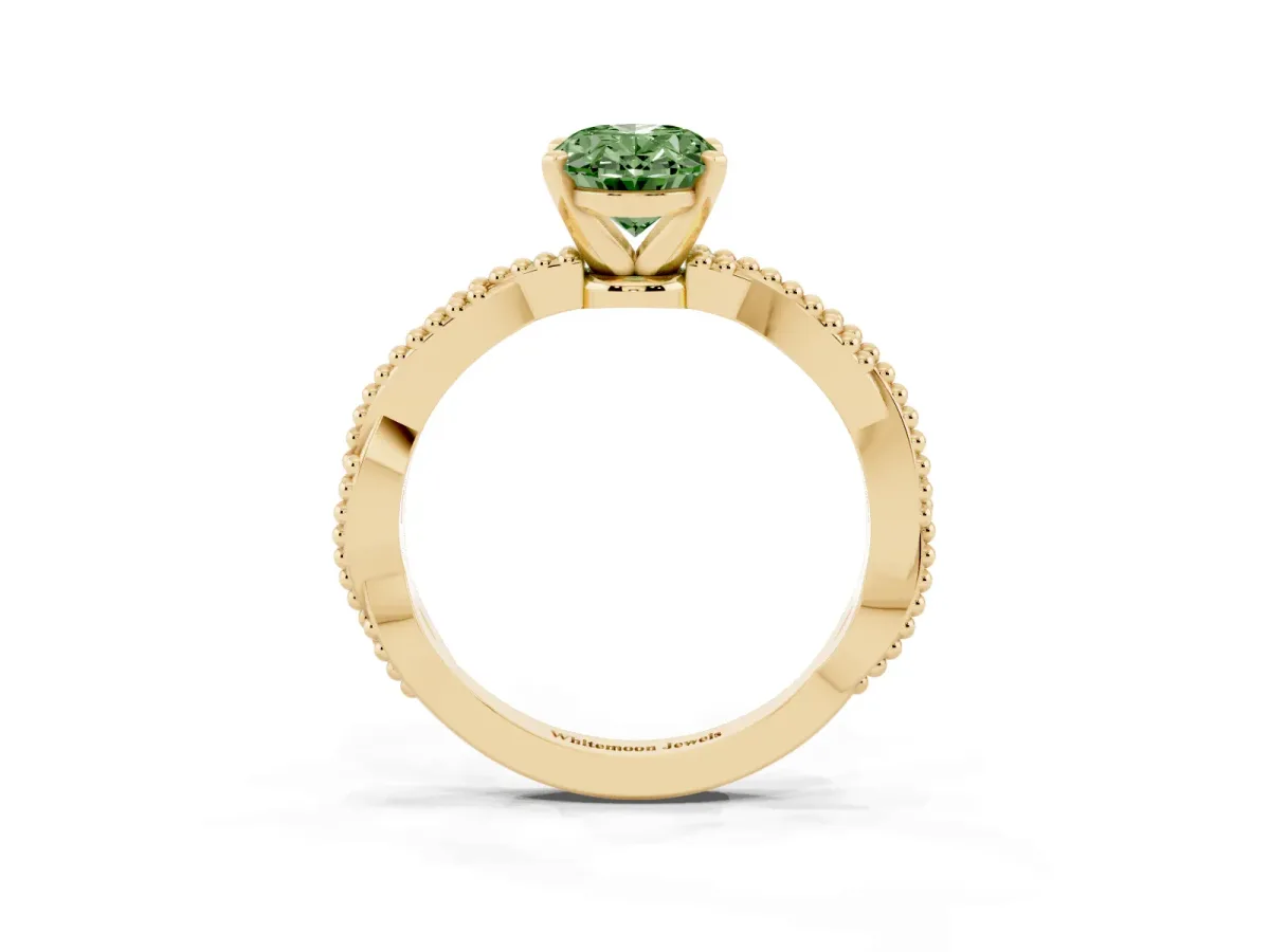 Fancy Green Oval Cut Solitaire Twisted Band with Bead Prong Setting Yellow gold
