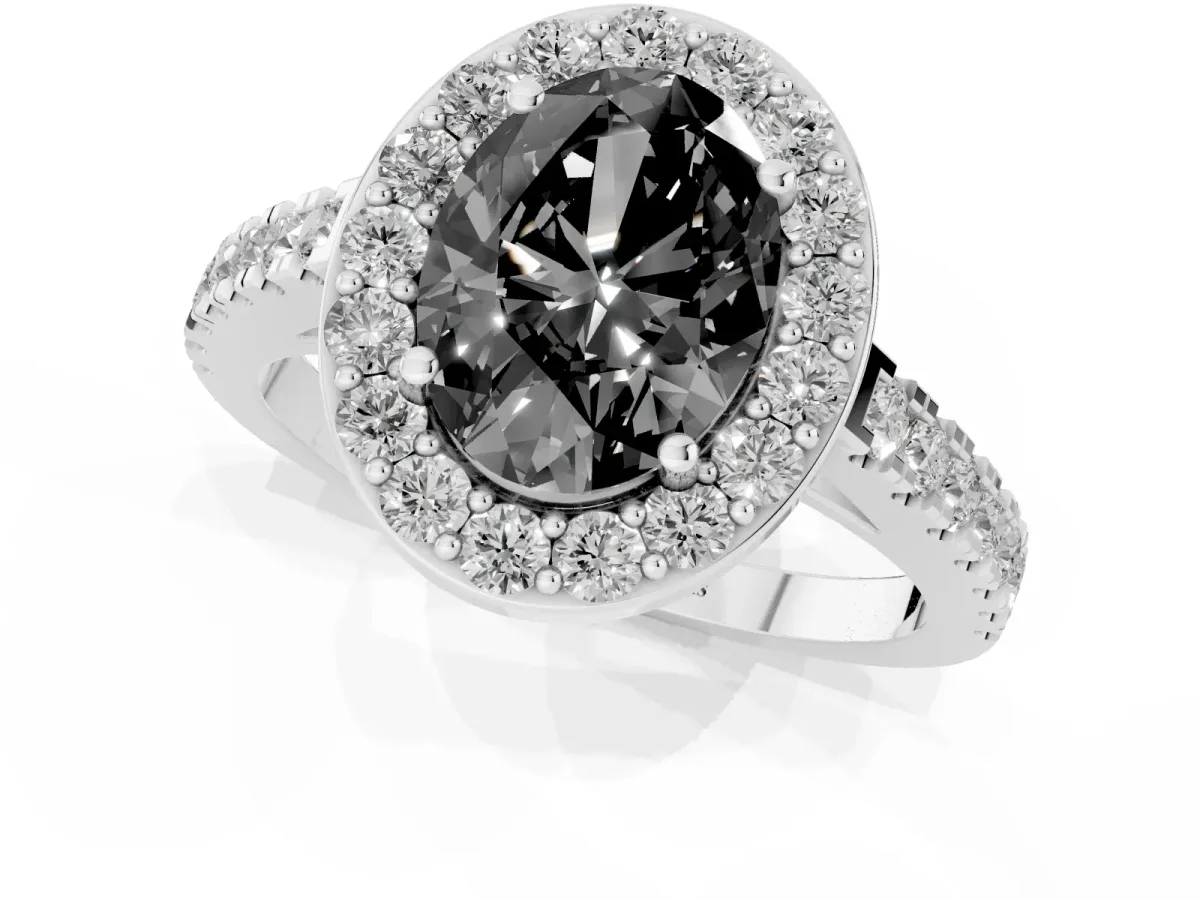 Fancy Black Oval Cut Diamond Halo Ring with Round Pavé Split Shank and Prong Setting Platinum